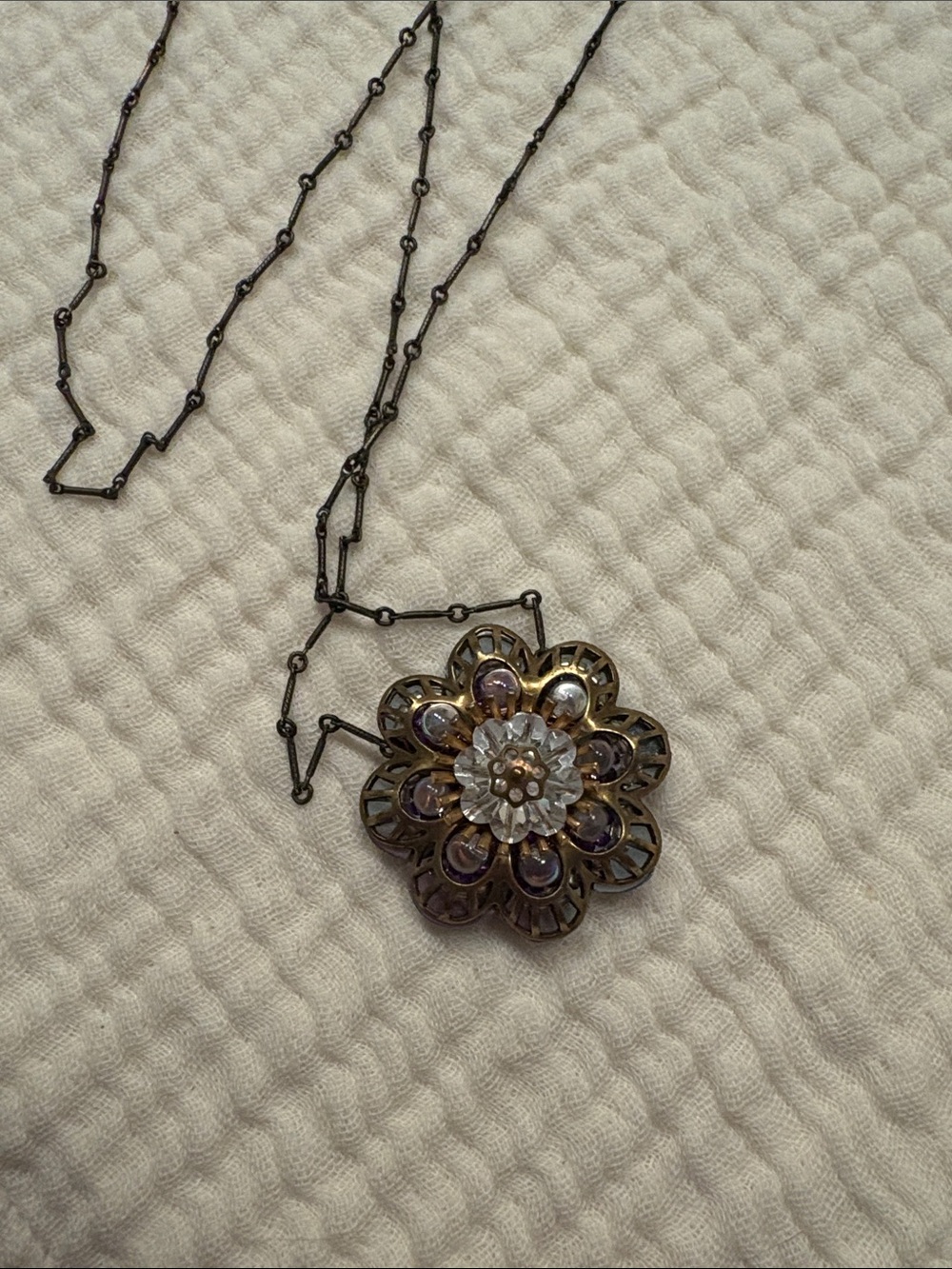 Floral Filigree Brassy Pendant Necklace - Amethyst & Silver Tones